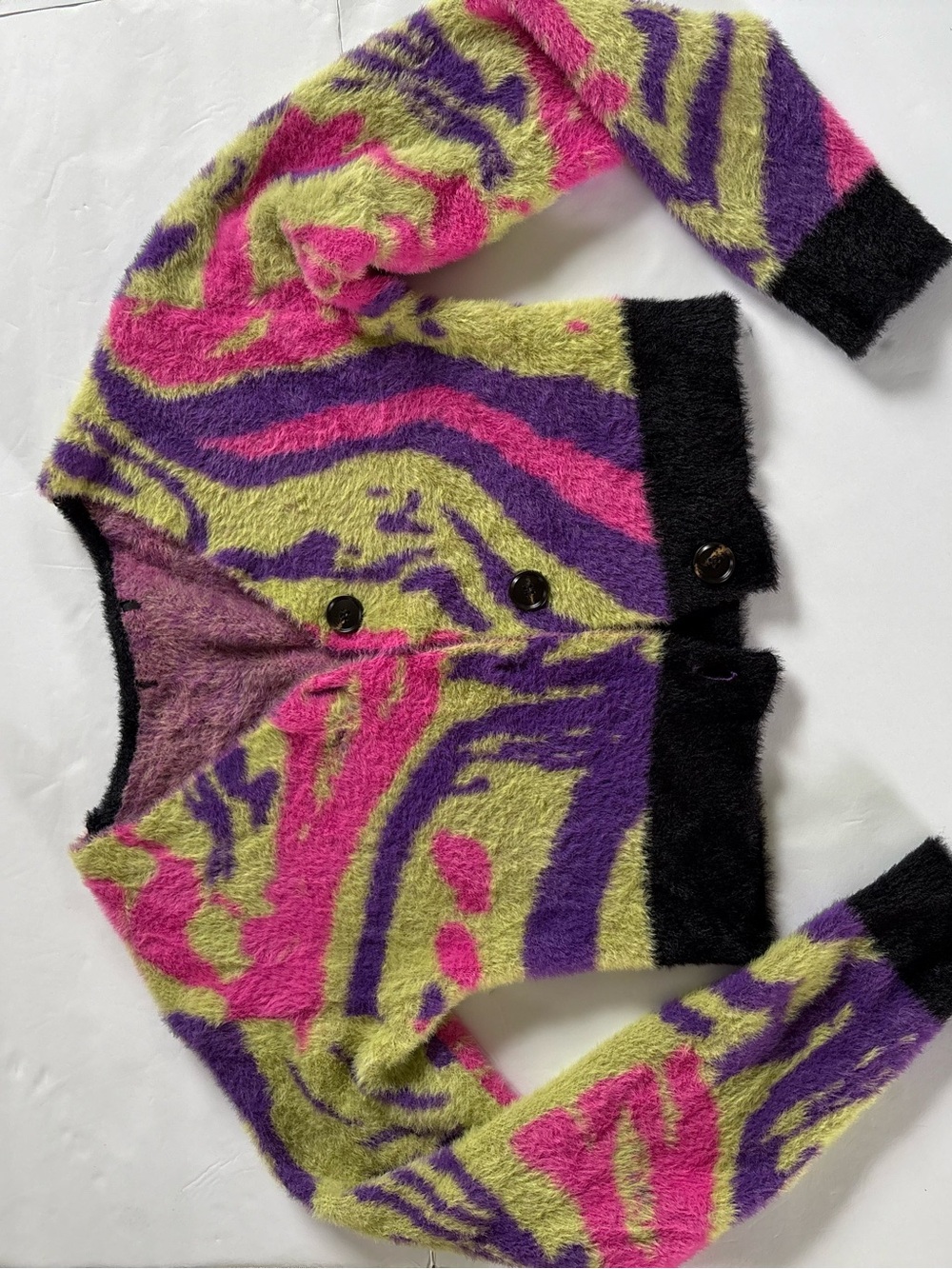 SHEIN Fuzzy Zebra-Pattern Cropped Cardigan - Pink, Purple, Lime